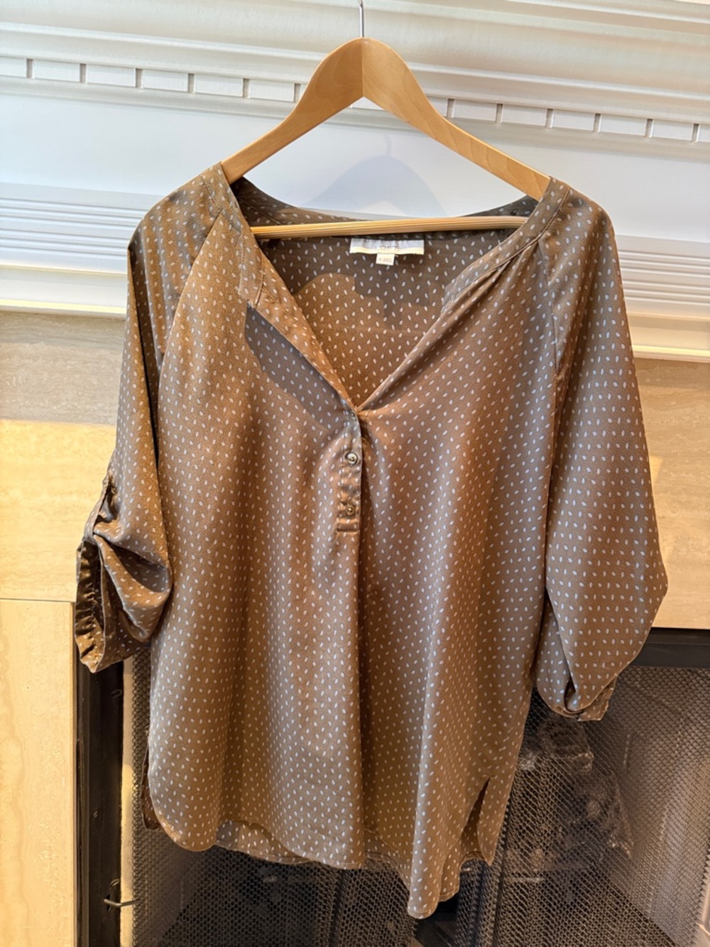 LOFT Brown V-Neck Dolman Sleeve Blouse with Tiny Dot Print